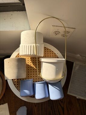 Ceramic Planter Set with Brass Hanging Handle - White and Light Blue